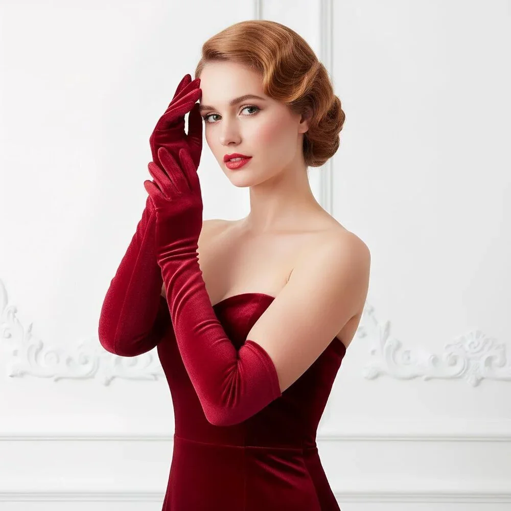 Women's Wine Red Velvet Long Gloves Elbow Length Costume Flapper Evening Banquet